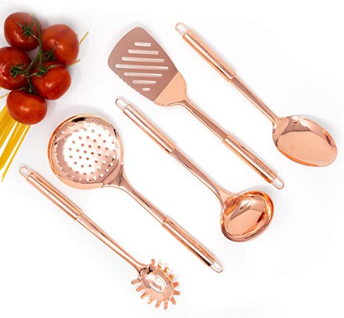 Amazon.com: Copper Cooking Utensils for Cooking/Serving, Rose Gold Kitchen Utensils -Stainless Steel Copper Serving Utensils Set 5 PCS-Copper Ladle, Serving Spoon, Pasta Serving Fork, Spatula, Kitchen Skimmer: Kitchen & Dining