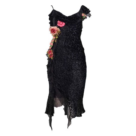 Vintage Christian Dior By Galliano Black Velvet Slip Dress with Flowers 2002 For Sale at 1stDibs