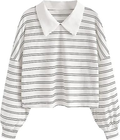 SweatyRocks Women's Casual Long Sleeve Striped Tee Top Collar Neck T-Shirt at Amazon Women’s Clothing store