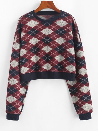 [24% OFF] 2020 ZAFUL Argyle Pattern Cropped Fleece Sweater In MIDNIGHT BLUE | ZAFUL