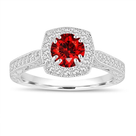 Red Diamond Engagement Ring, Hand Engraved Filigree Engagement Ring, 1.15 Carat 14K White Gold Unique Vintage Antique Style Halo Pave