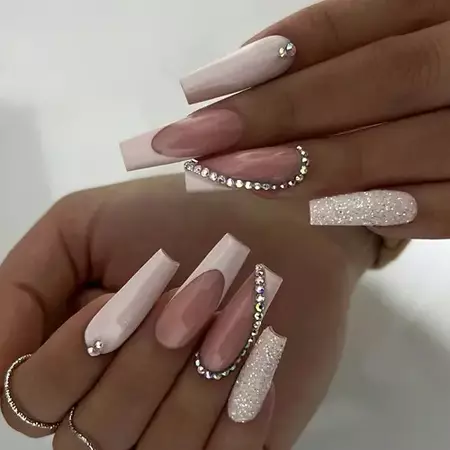 24pcs French Tip Press On Nails Medium Square Nails White Nail Tip Shiny Acrylic Nails Full Cover Coffin Shaped False Nails, Christmas Gifts, With Rhinestones Design Artificial Glue On Nails Decoration For Women,temu