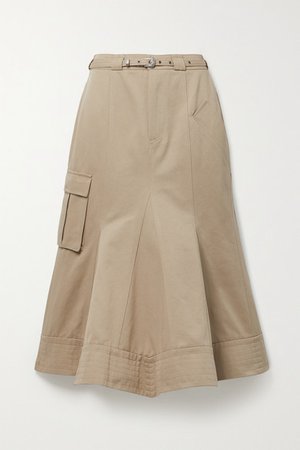 Leah Belted Paneled Twill Midi Skirt - Beige