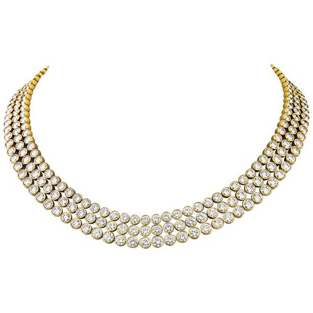 Harry Winston 3-Row Bezel Set Diamond Gold Necklace For Sale at 1stDibs