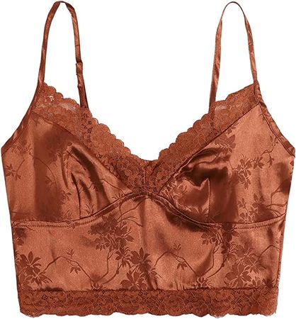 SweatyRocks Women's V Neck Crop Cami Tank Top Lace Trim Sleeveless Shirt Rust Brown XL at Amazon Women’s Clothing store