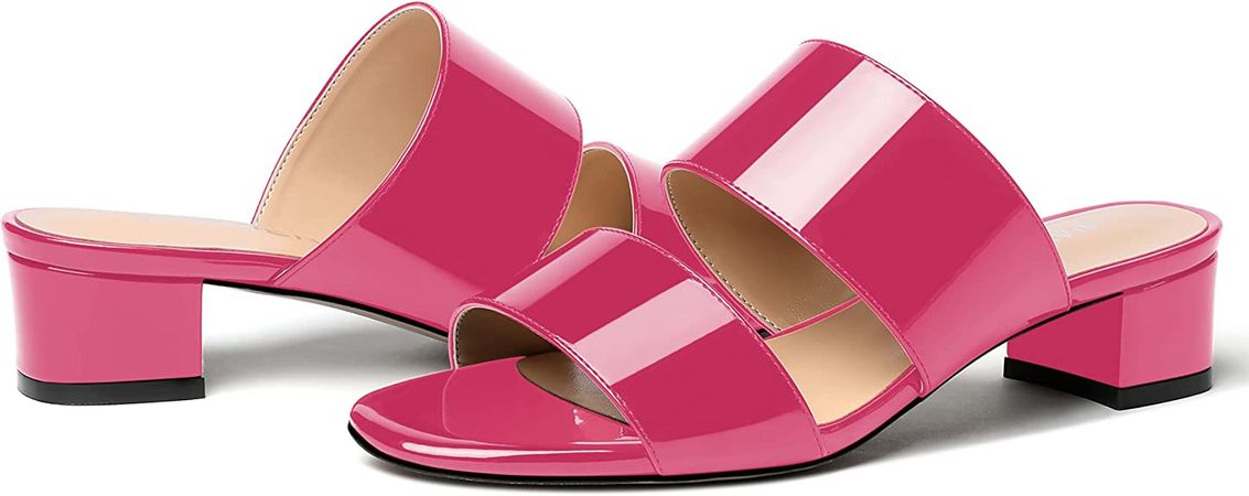 Amazon.com | WAYDERNS Women's Open Toe Patent Slip On Round Toe Solid Casual Block Dating Chunky Low Heel Slides Two Piece Sandals 1.5 Inch | Slides
