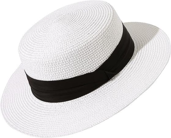 Lanzom Sun Hats for Women Wide Brim Straw Boater Hat Foldable Packable Beach Hat for Summer (White, Medium) at Amazon Women’s Clothing store