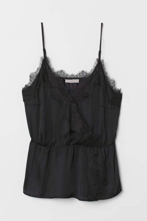 Satin Camisole Top with Lace - Black