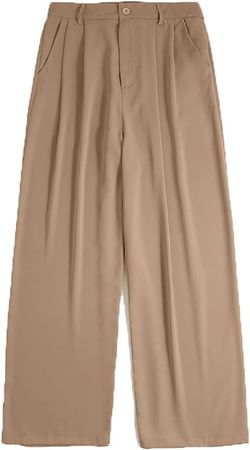 AOBRICON Wide Leg Pants for Women Autumn Casual Baggy Pantalon Zipper Button Pant Culottes Oversized Palazzo Office Trouser at Amazon Women’s Clothing store