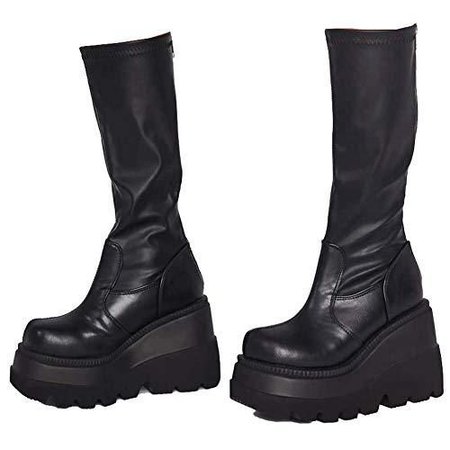 *clipped by @luci-her* High Platform Mid Calf Wedges Chunky High Heel Round-Toe Side Zip Punk Combat Boots For Women