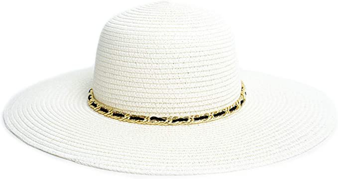 Women's Flat Top Wide Brim Straw Fedora Sun Hats for Women (Ivory)