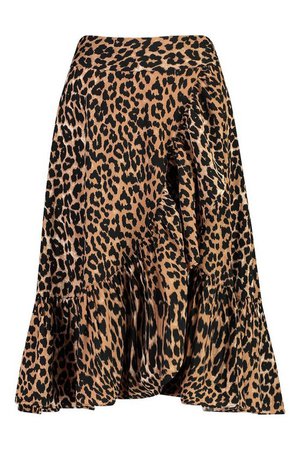 Wrap Front Leopard Print Ruffle Midi Skirt | Boohoo brown black