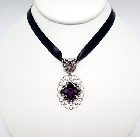 Deep Purple Stone Gothic Silver Pendant Necklace Ribbon Choker | Etsy