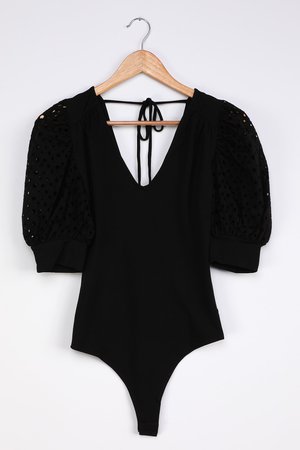 Puff Sleeve Bodysuit - Eyelet Sleeve Bodysuit - Black Bodysuit - Lulus