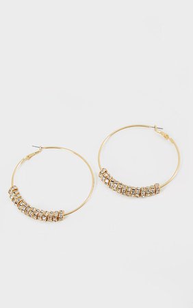 Gold Oversized Diamante Charm Hoop Earrings | PrettyLittleThing USA