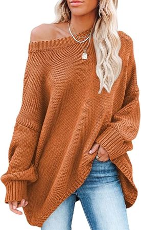SHEWIN Women's Long Sleeve Oversized Crewneck Solid Color Knit Pullover Sweater Tops at Amazon Women’s Clothing store