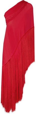 One-shoulder Fringed Silk-crepe Gown - Red