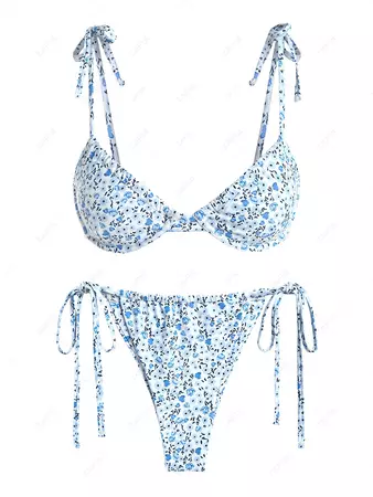 ZAFUL Tie Shoulder Ditsy Floral Underwire Loincloth Tanga Bikini Swimwear In LIGHT BLUE | ZAFUL 2024