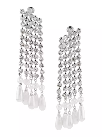 Shop Kenneth Jay Lane Silvertone, Imitation Pearl & Crystal Waterfall Earrings | Saks Fifth Avenue