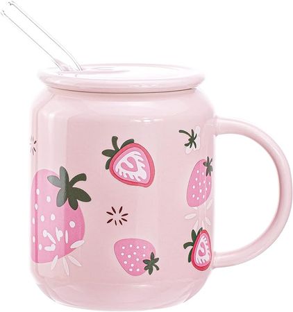 Sizikato Porcelain Mug with Lid and Straw, 13 Oz Water Cup with Handle, Cute Strawberry Pattern : Amazon.com.au: Kitchen & Dining