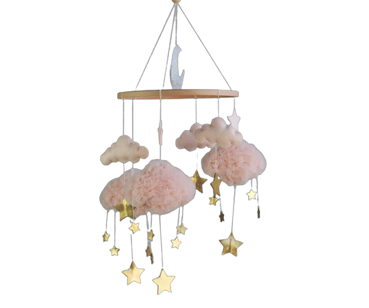 Baby girl mobile with clouds stars and silver moon for nursery pink decor, blush pink and gold crib mobile, baby shower gift
