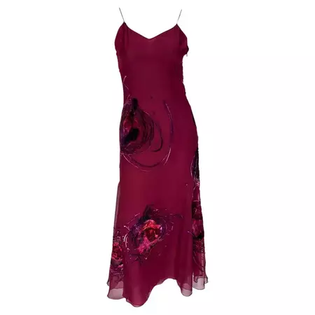 S/S 2001 Christian Dior by John Galliano Dyed Velvet Abstract Maroon Flare Dress For Sale at 1stDibs
