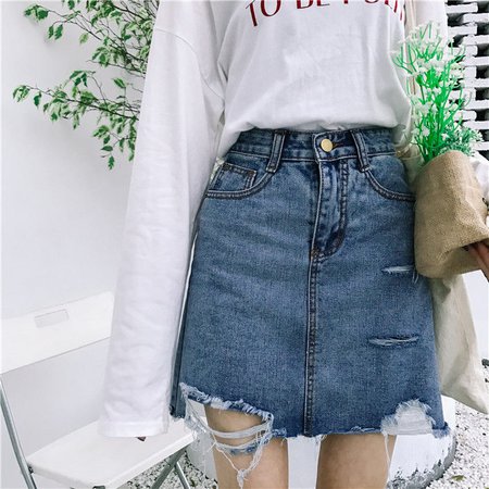 Distressed A-Line Denim Mini Skirt
