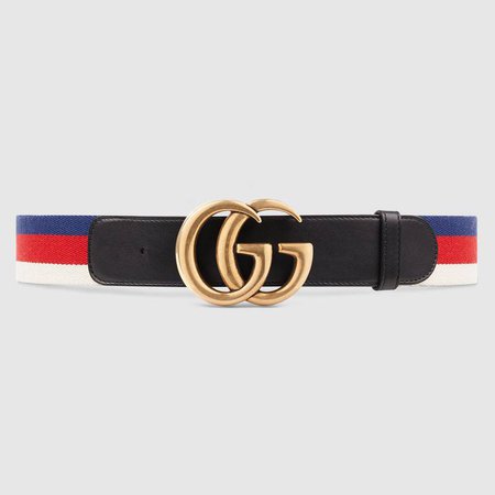Sylvie Web belt with Double G buckle in Blue, red and white Sylvie Web with black leather detail | Gucci Women's Belts