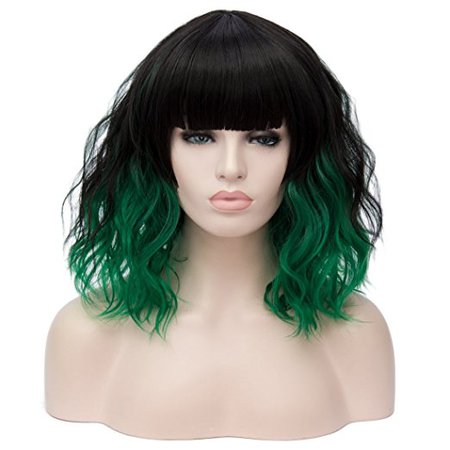 Alacos Fashion 35cm Short Curly Bob Anime Cosplay Wig Daily Party Christmas Halloween Synthetic Heat Resistant Wig for Women +Free Wig Cap (Black Green Ombre Brow-Skimming Bangs)