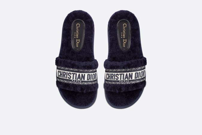 Dway Slide Deep Blue Embroidered Cotton and Shearling | DIOR