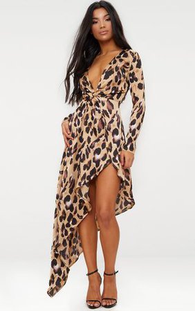 Leopard Asymmetric Hem Long Sleeve Plunge Satin Maxi Dress | PrettyLittleThing USA