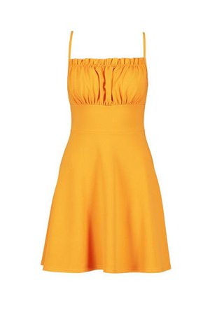 Strappy Gathered Peasant Front Skater Dress | Boohoo yellow