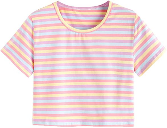 SweatyRocks Women's Short Sleeve Round Neck Colorblock Stripe Tee Shirt Crop Top (Small, Multicolor) at Amazon Women’s Clothing store