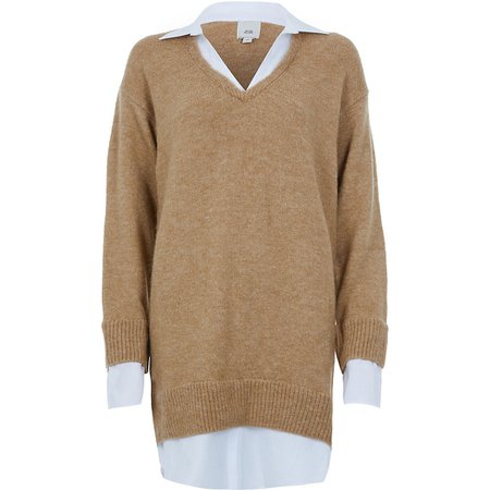 Brown knitted long sleeve jumper shirt dress | River Island