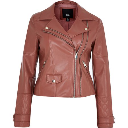 Pink faux leather double zip biker jacket | River Island