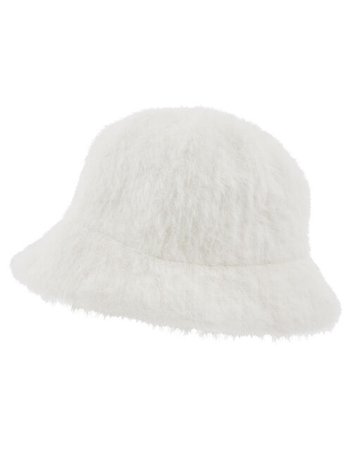 white fluffy bucket hat