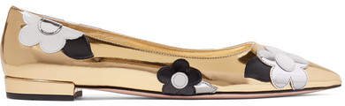 Appliquéd Mirrored And Patent-leather Point-toe Flats - Gold