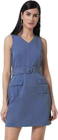 FabAlley Women's Blue Belted Sleeveless Shift Dress