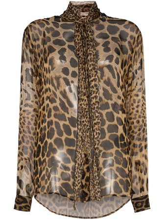Saint Laurent Tie-Neck Leopard-Print Blouse Ss20 | Farfetch.com