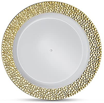 Amazon.com: [8 Count - 10 Inch Plates] Laura Stein Designer Tableware Premium Heavyweight Plastic White Dinner Plates With Gold Border, Party & Wedding Plate, Glitz Series, Disposable Dishes: Kitchen & Dining