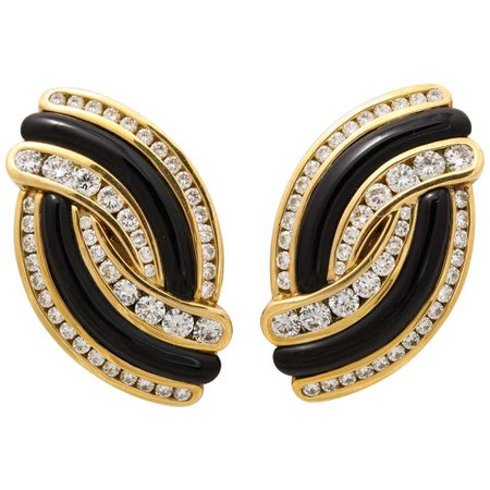 Carved Black Jade and Diamond Gold Ear Clips For Sale at 1stDibs