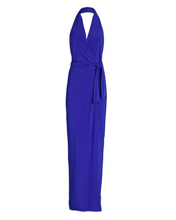 Norma Kamali Jersey Halter Wrap Straight Gown in blue | INTERMIX®