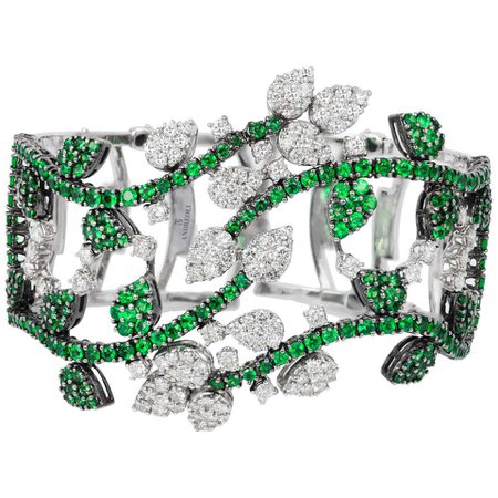 Andreoli Green Tsavorite Garnet Diamond Flower Vine Cuff Bracelet 18 Karat White For Sale at 1stDibs