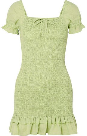 Cette Shirred Linen Mini Dress - Lime green