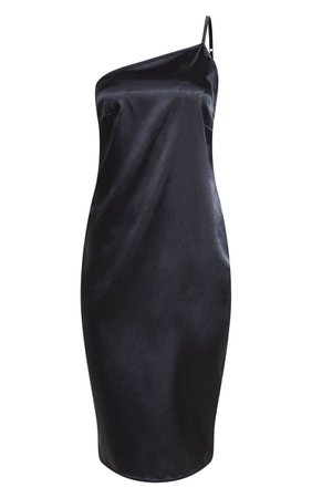 Black Asymmetric Satin Midi Dress | Dresses | PrettyLittleThing USA