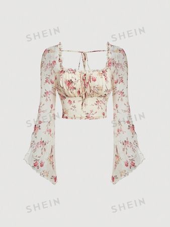 SHEIN MOD Floral Print Tie Front Flounce Sleeve Ruched Bust Crop Tee | SHEIN USA