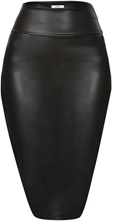 *clipped by @luci-her* Faux Leather Pencil Skirt Below Knee Length Skirt Midi Bodycon Skirt Womens (Size Small, Black Leather) at Amazon Women’s Clothing store