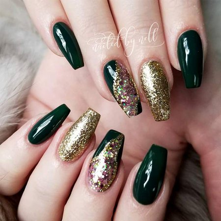 Emerald Green & Gold Glitter Nails