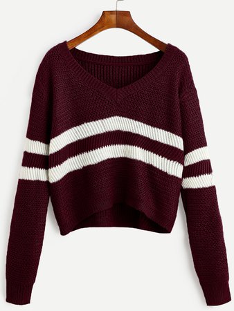 Burgundy Striped V Neck Crop Sweater