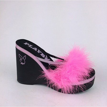 90's Playboy Platform Wedge Hot Pink Feather Sandal Mules | Etsy